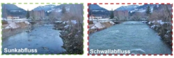two pictures of same river once in a Surge and onec in a Drawdown situation